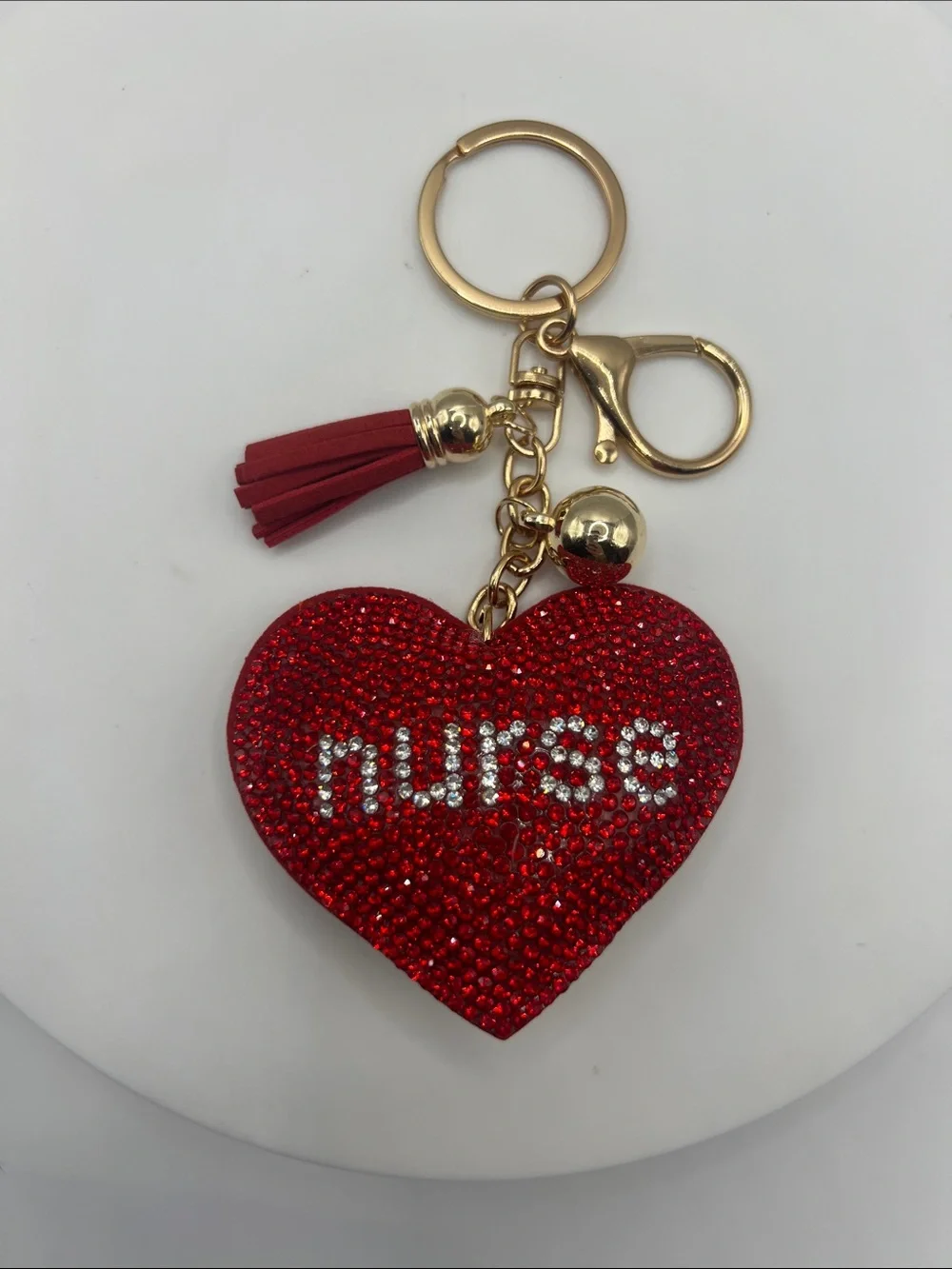 129. Red Heart "Nurse" Crystal Keychain with Tassel - Picture 2 of 4